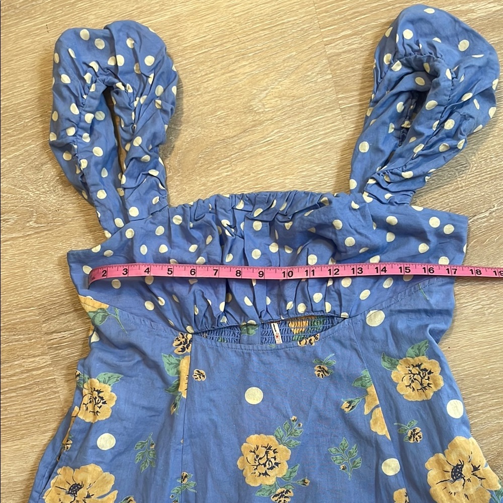 Free People Blue Polka Dot & Yellow Floral Mini Dress size Large - Picture 4 of 6